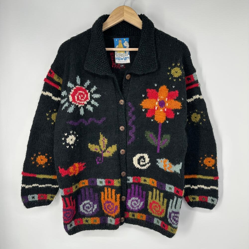 Vintage Newari Hand Knit 100% Wool Cardigan Chunky Knit 'Healing Hands' Sweater